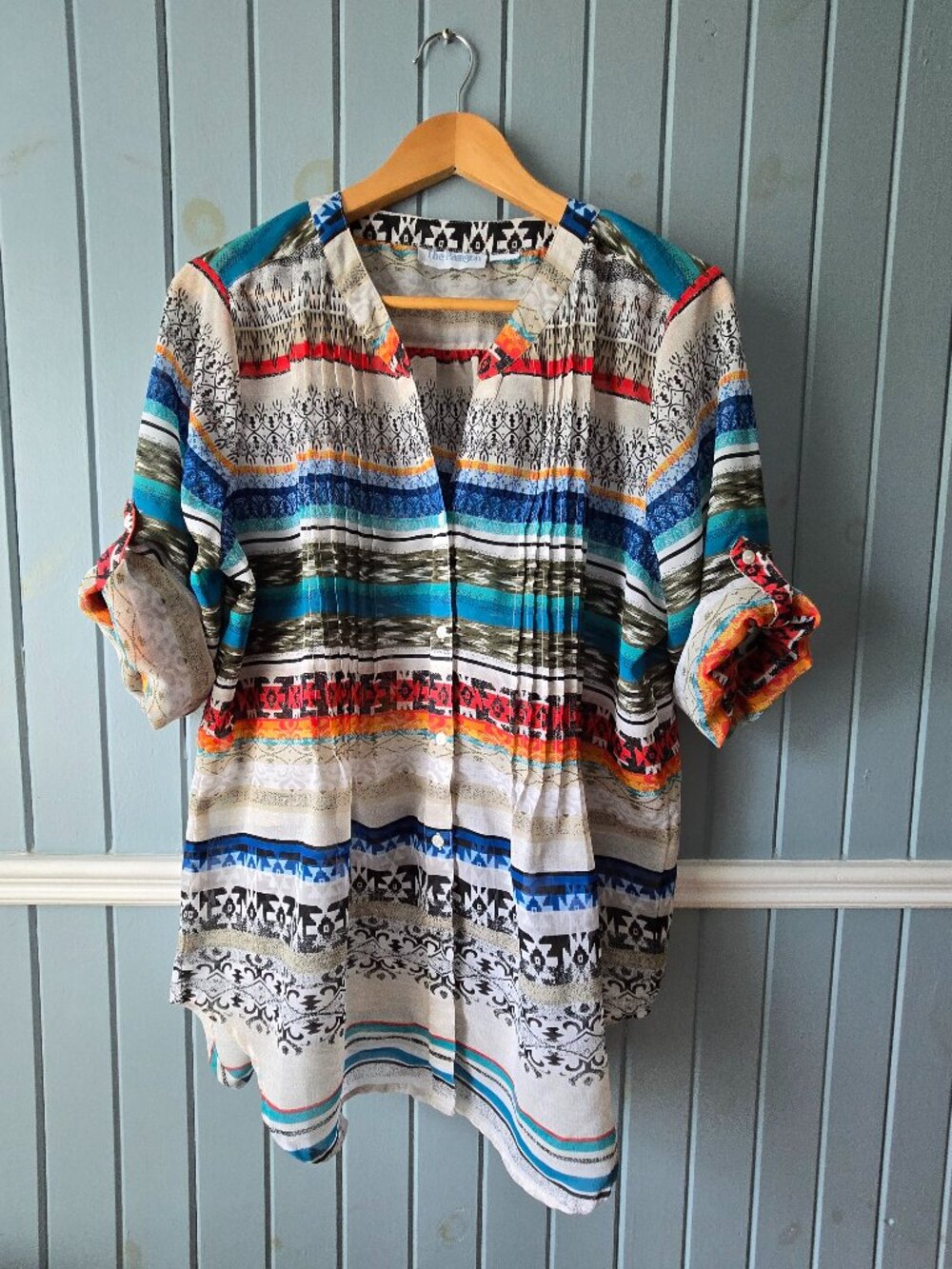 Boho Artsy Multicolor Geometric V-Neck Top XL